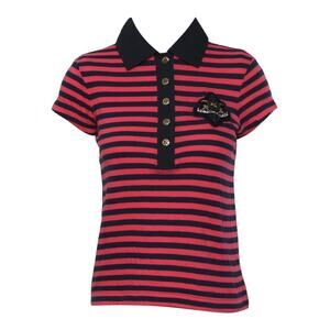 Tory Burch Striped Short Sleeve Polo Shirt - L - Navy/Pink
